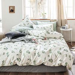 Joyreap 3PCS Premium Cotton Comforter Set Green Leaves On White Botanical Design Lightweight Comforter For All Season Twin 68X86 Inches