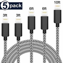 Krislog Mfi Certified Lightning Cable Iphone Charger 5PACK-3 6 10FT Durable High Speed Nylon Braided USB Fast Charging&syncing Cord Compatible Iphone XS Max Xr 8 8