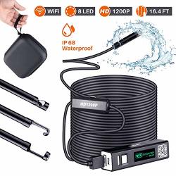 Hutact 5M Semi-rigid Wireless Inspection Camera 1200P HD Wifi Borescope 2.0 Megapixels 8 Adjustable LED Portable Snake Waterproof Inspection Endoscope Camera System For Ios Android Phones