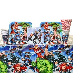 Amscan Marvel Avengers Party Supplies Pack For 16 Guests: Straws Dinner Plates Luncheon Napkins Cups And Table Cover Bundle For 16