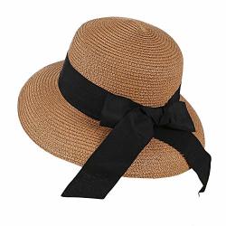 Epsion Women's Sun Hat Straw Wide Brim Beach Floppy Derby Bow Ladies Ribbon Cap