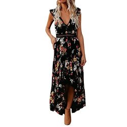 Women Deep V Neck Chiffon Dress Sleeveless Backless Summer Casual Asymmetrical Floral Maxi Dress S Black