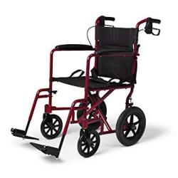 Medline Lightweight Transport Adult Folding Wheelchair With Handbrakes Red