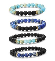 Loyallook 4PCS Couples Bracelet His And Hers Black Lava Stone & Turquoise Bead Oil Diffuser Bracelet 2 Set