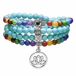 Top Plaza 108 Mala Prayer Beads 7 Chakra Healing Crystals Yoga Meditation Stretch Bracelets Green Turquoise Gemstone Beads Wrap Bracelet Necklace