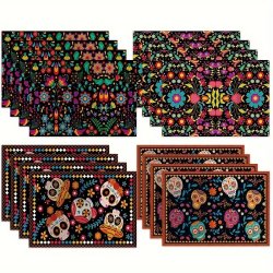 4PCS Placemats Day Of The Dead Sugar Skulls Floral Printed Placemats Festive Dining Table Mats Polyester Colorful Flower Patterns For Holiday Parties & Home Decor