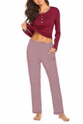 Ekouaer Womens Pajama Set Striped Long Sleeve Sleepwear Soft Pj's Set XL Style 3:WINE Red Long Sleeve