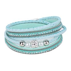 Diamondo Crystal Ball Beads Leather Bracelets Magnetic Multilayer Bangles Green