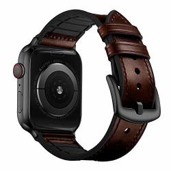 OUHENG Compatible With Apple Watch Band 42MM 44MM Sweatproof Genuine Leather And Rubber Hybrid Band Strap Compatible With Iwatch Series 5 Series 4 Series