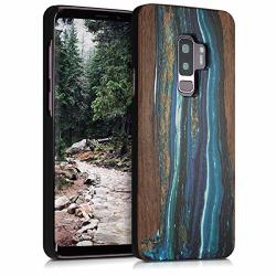 Kwmobile Samsung Galaxy S9 Plus Wood Case - Non-slip Natural Solid Hard Wooden Protective Cover For Samsung Galaxy S9 Plus - Watercolor Waves Blue brown
