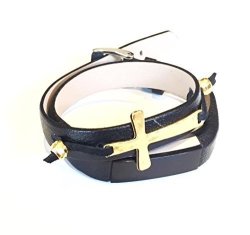 Black Double Wrapped Leather Bracelet With Gold Metal Cross For Fitbit Alta And Alta Hr Smart Band