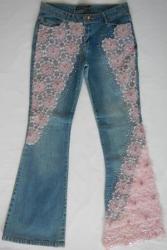 Designer Jean - Light Blue Denim With Pink Floral Lace & Beading - Size 10 Bootleg