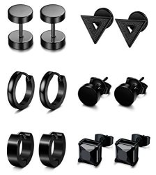 Besteel 6 Pairs Stud Earrings Hoop Earrings For Men Women Stainless Steel Huggie Earrings Set Black
