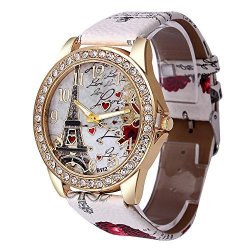 Women's Wrist Watch Vintage Paris Eiffel Tower Crystal Leather Quartz Wristwatch Best Gift White -1