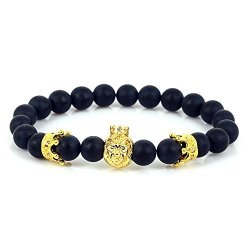 Lion King Imperial Crown Head Bracelet With 8MM Black Matte Onyx Stone Beads