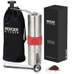 Mercier Manual Coffee Bean Grinder With Silicone Easy Grip - Adjustable Ceramic Conical Burr - Aeropress Compatible - Includes Carrying Pouch And Stainless Spoon