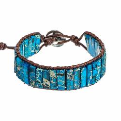 Iuniqueen Leather Chakra Handmade Imperial Jasper Wrap Adjustable Bead Bracelet Dark Blue