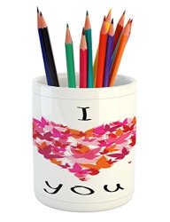 Ambesonne Love Pencil Pen Holder Heart Filled With Butterflies Soul Mate Real True Deep My Dear Illustration Printed Ceramic Pencil Pen Holder For Desk