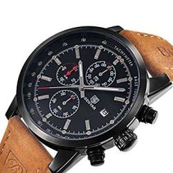 Conbays Mens Outdoor Sport Watch With Brown Leather Watchband Black Chronograph Waterproof Quartz Casual Wristwatch Date Display Stopwatch For Man