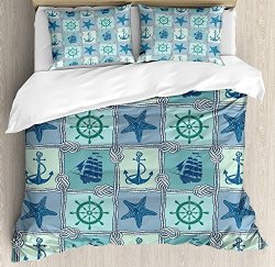 King Size Ships Wheel 3 Pcs Duvet Cover Set Nautical Patchwork Pattern With Rope Starfish Sailing Ship Anchor And Wheel Bedding Set Bedspread For