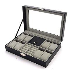 Boby Cufflinks And Watch Box Organizer Watch Case For Men Pu Leather For Display Storage Holder For 8 Watches Cufflinks And Rings With Glass Top Black