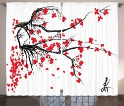 Japanese Curtains Decor By Ambesonne Sakura Blossom Japanese Cherry Tree Summertime Vintage Cultural Artwork Theme Living Room Bedroom Curtain 2 Panels Set 108 X 90 Inches Red Black