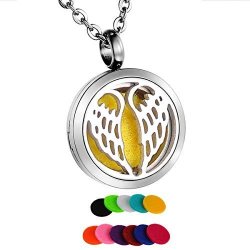 Hooami Aromatherapy Essential Oil Diffuser Necklace - Stainless Steel Angel Wing Locket Pendant 20MM