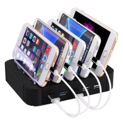 Portable 5V 30W 5-USB Port Smart Quick Charger With Charging Cable For Smartphones & Tablets & Power Bank & Bluetooth Headset 100-240V Wide Voltage Eu Plug