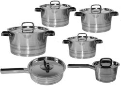 Bruised Silver Trim 12 Piece Thermal Bottom Stainless Steel Cookware Set