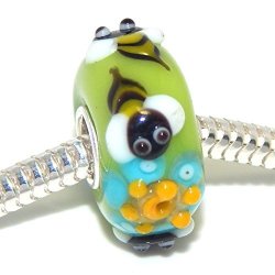 Icyrose Solid 925 Sterling Silver Green With Bees And Flowers Glass Charm Bead For European Snake Chain Bracelets