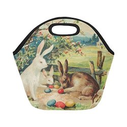 InterestPrint Insulated Lunch Tote Bag Retro Hares Easter Eggs Reusable Neoprene Cooler Vintage Rabbits Trees Portable Lunchbox Handbag For Men Women Adult Kids Boys Girls