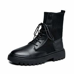 Gcoco Women's Lace Up Leather Knit Quilted Motorcycle Boots Platform Flat Heel Ankle Boots Winter Boots