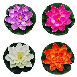 Goege Artificial Floating Foam Lotus Flower Pond Decor Water Lily With Stylus Set Of 4 Large 3.5" 11"INCH