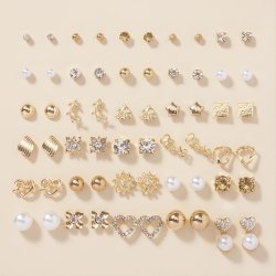 30 Pairs Alloy Full Rhinestones Love Round Faux Pearl Letter Stud Earrings Set