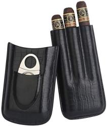 Mantello 3 Cigar Genuine Leather Cigar Case With Cutter