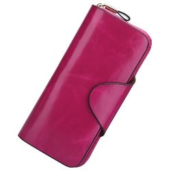 S-zone Women's Organizer Wallet Genuine Leather Large Trifold Clutch Purse Card Rose Red-rfid Blocking