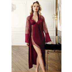 Perin Lingerie Asymmetrical Satin & Lace Slip Dress With Flared Sleeve Belted Robe Burgundy - XL 38