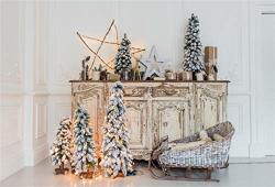 Csfoto 10X7FT Background Christmas Tree On Wooden Chest Of Drawers In White Interior Photography Backdrop Artificial Flowers Garlands And Toy Xmas Celebration Photo Studio