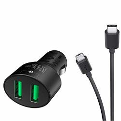 Dual Quick Charge 3 USB Car Charger For Plantronics Explorer 500 With Turbo Microusb & Usb-c Cables 36WATTS