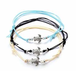3PCS Vintage Wax Rope Turtle Anklets Barefoot Tricolor Turtle Beach Anklets