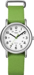 Timex Women's T2N835 Weekender Mid-size Slip Thru Strap Nylon Green Watch