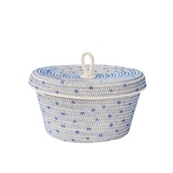 Lidded Bowl Basket - Stitched Polka Dot - Standard Blue