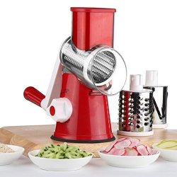 Salad Maker - Vegetable Mandoline Slicer Zacfton Vegetable Fruit Cutter Cheese Shredder Rotary Drum Grater With 3 Stainless Steel Rotary Blades And Suction Cup Feet Red