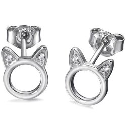 Meow Star Cat Stud Earrings Sterling Silver Circle Ear Studs Cz Cat Earrings