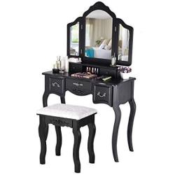 Fine Beautiful Dressing Table & 3 Mirrors Large Tri-folding Necklace Hooked Mirrors 5 Drawers Makeup Dress Table With Cushioned Stool Set Black