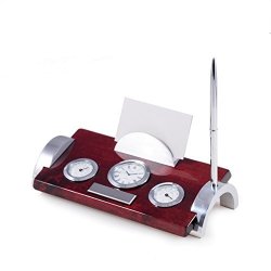 Rosewood And Metal Weather Station With Card Holder Clock And Pen