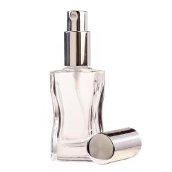 30ML Clear Glass Square Curved Perfume Bottle With Silver Spray & Silver Cap 18 410