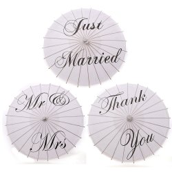 Bamboo White Paper Parasol Umbrella Just Married Mr & Mrs Thank You Wedding Bridal Favor