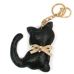 Black Cat Leather Effect Keyring With Crystal Ribbon Collar