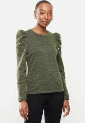 Jacqueline De Yong Mie Long Sleeve Pearl Puff Sleeve Top - Forest Night